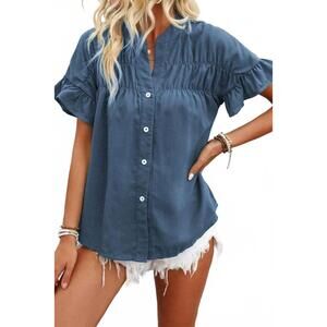 NEW SHEWIN ruffle short sleeve top in blue